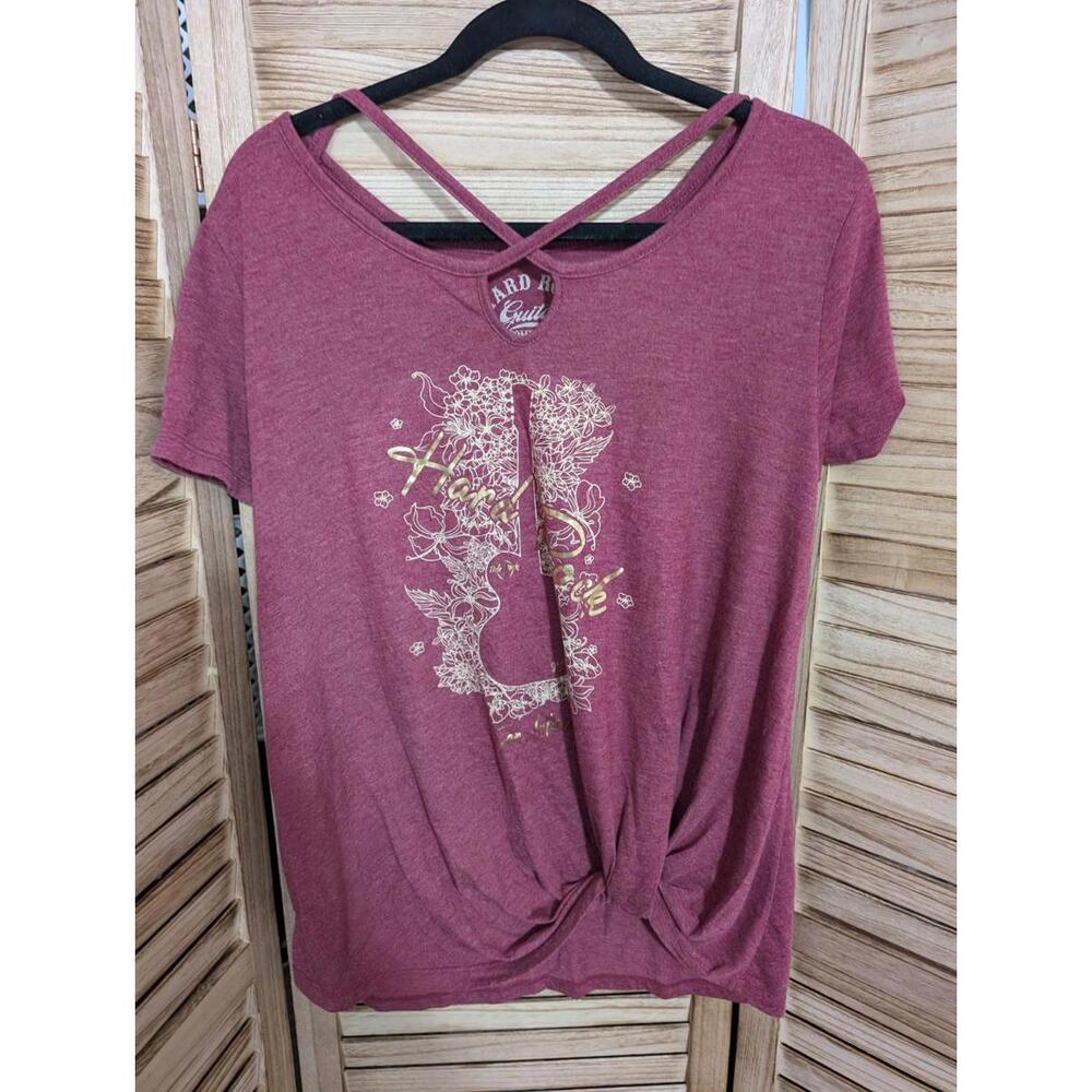 Hard Rock San Antonio Women's Foil Guitar Silhouette Side Knot Tee Burgundy (L)